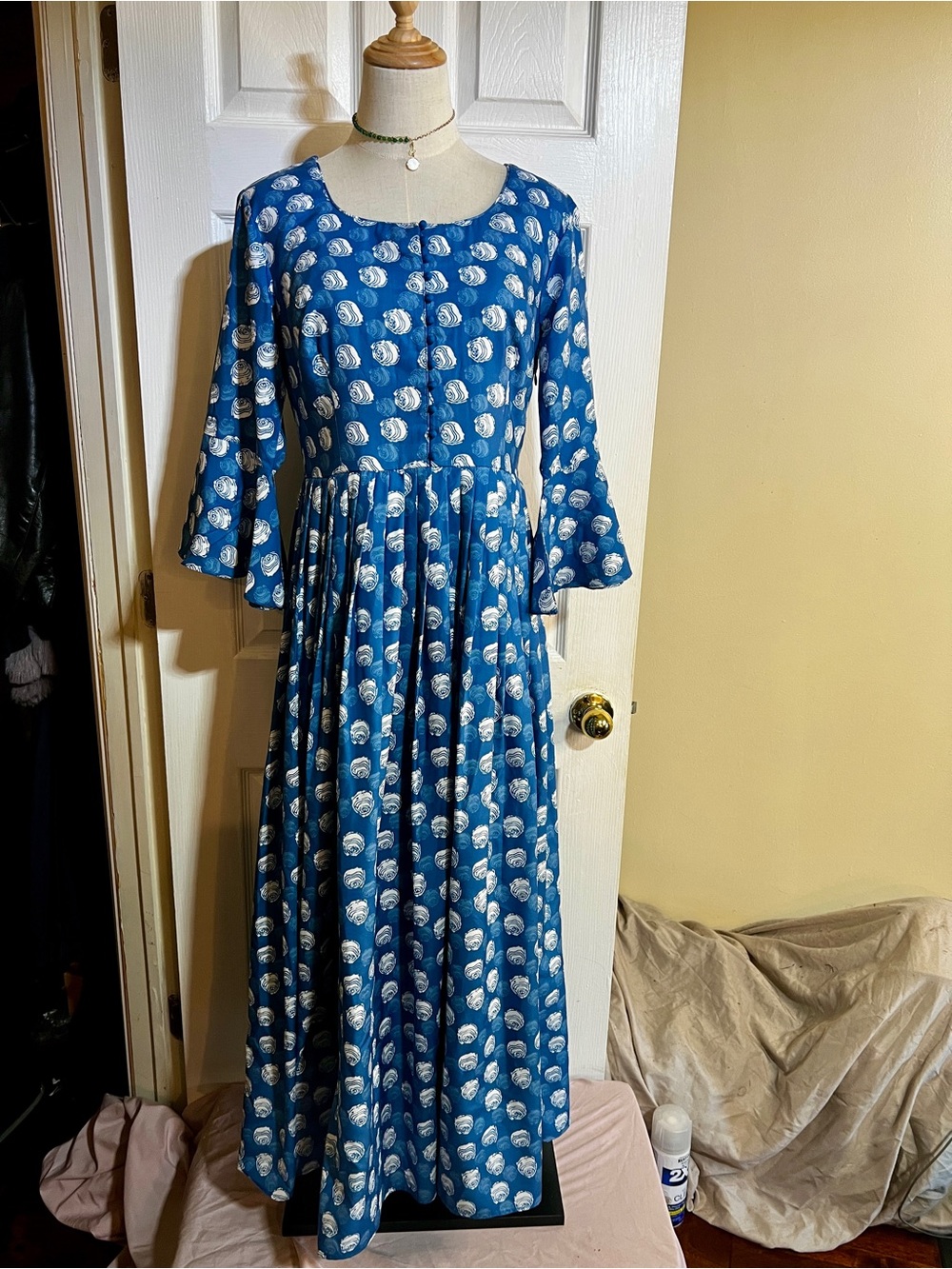 Women’s Indian Cotton Floral Pleated Boho Retro Party‎ Festival Gown Blue M - Picture 2 of 15